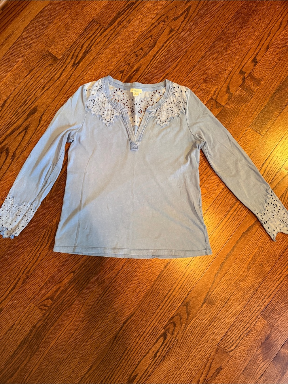 Women’s Blue 100% Cotton Eyelet Trim Long Sleeve Top